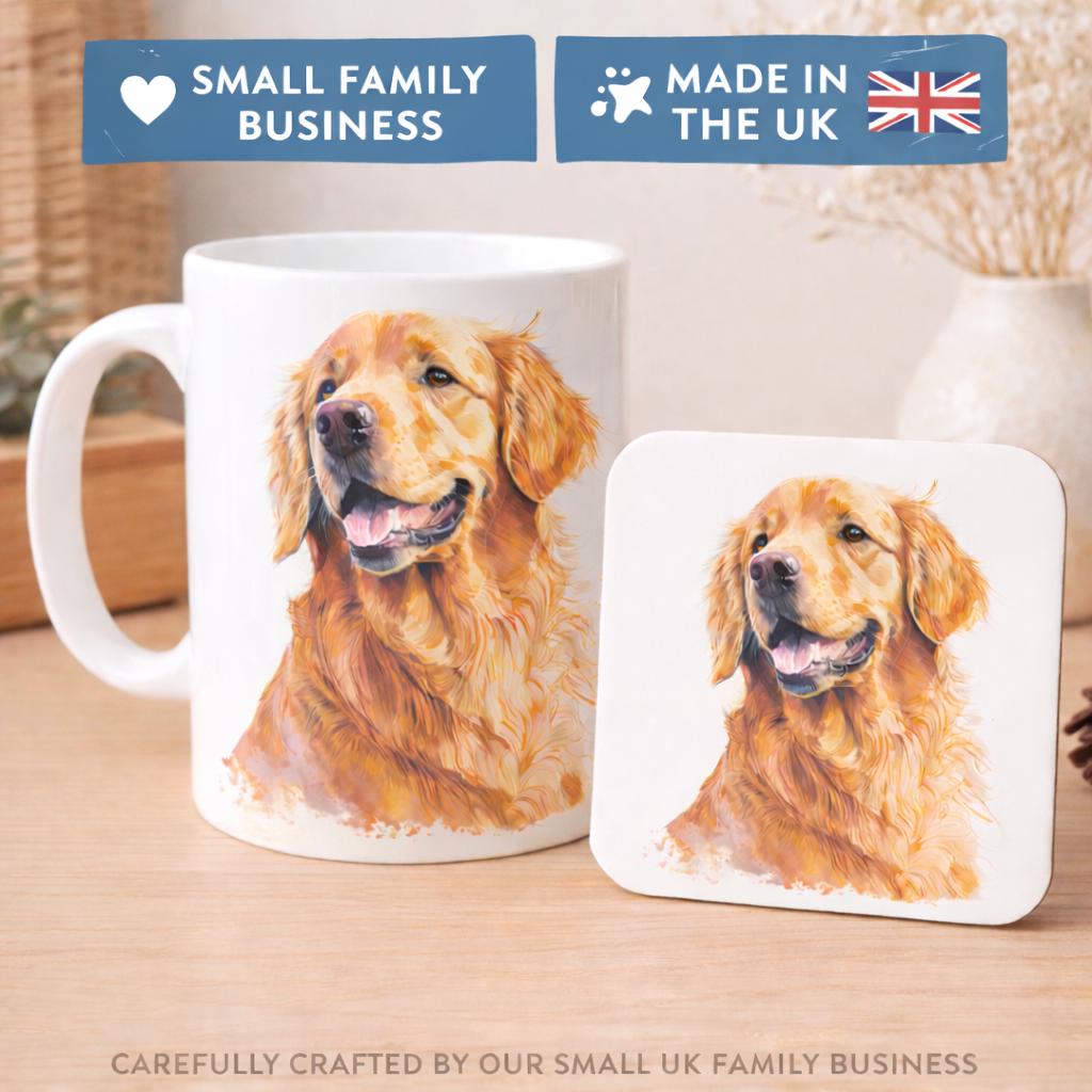 Golden Retriever Mug and Coaster  | Dog Lover Gift | 11oz Ceramic Mug | Retriever Dog Art Mug | Gift for Dog Mum | Pet Portrait Style Mug UK