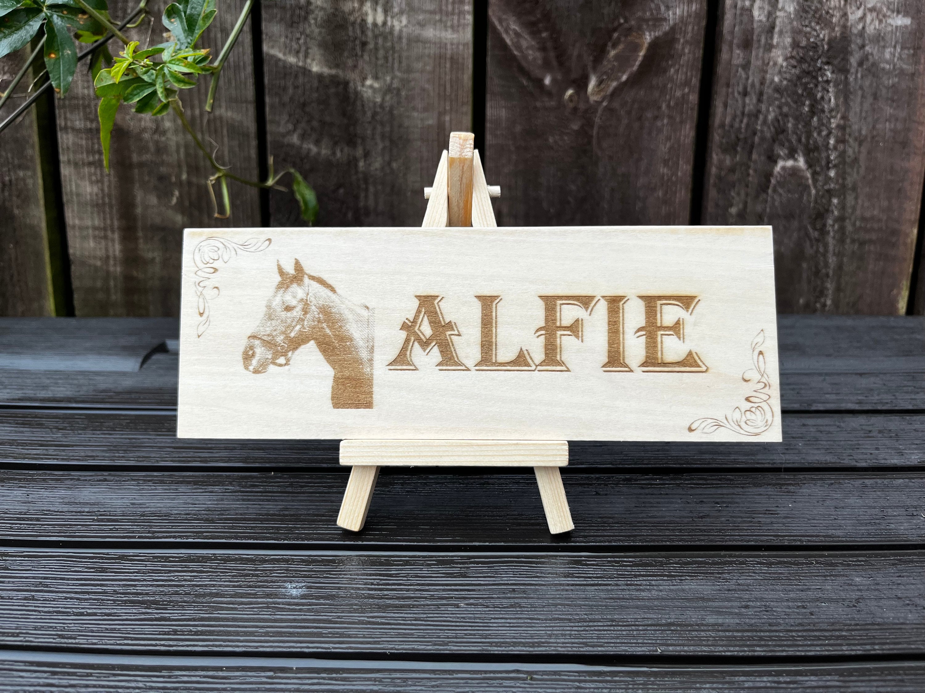 Engraved Photo Horse Stall Sign: Personalised Barn Door Plaque