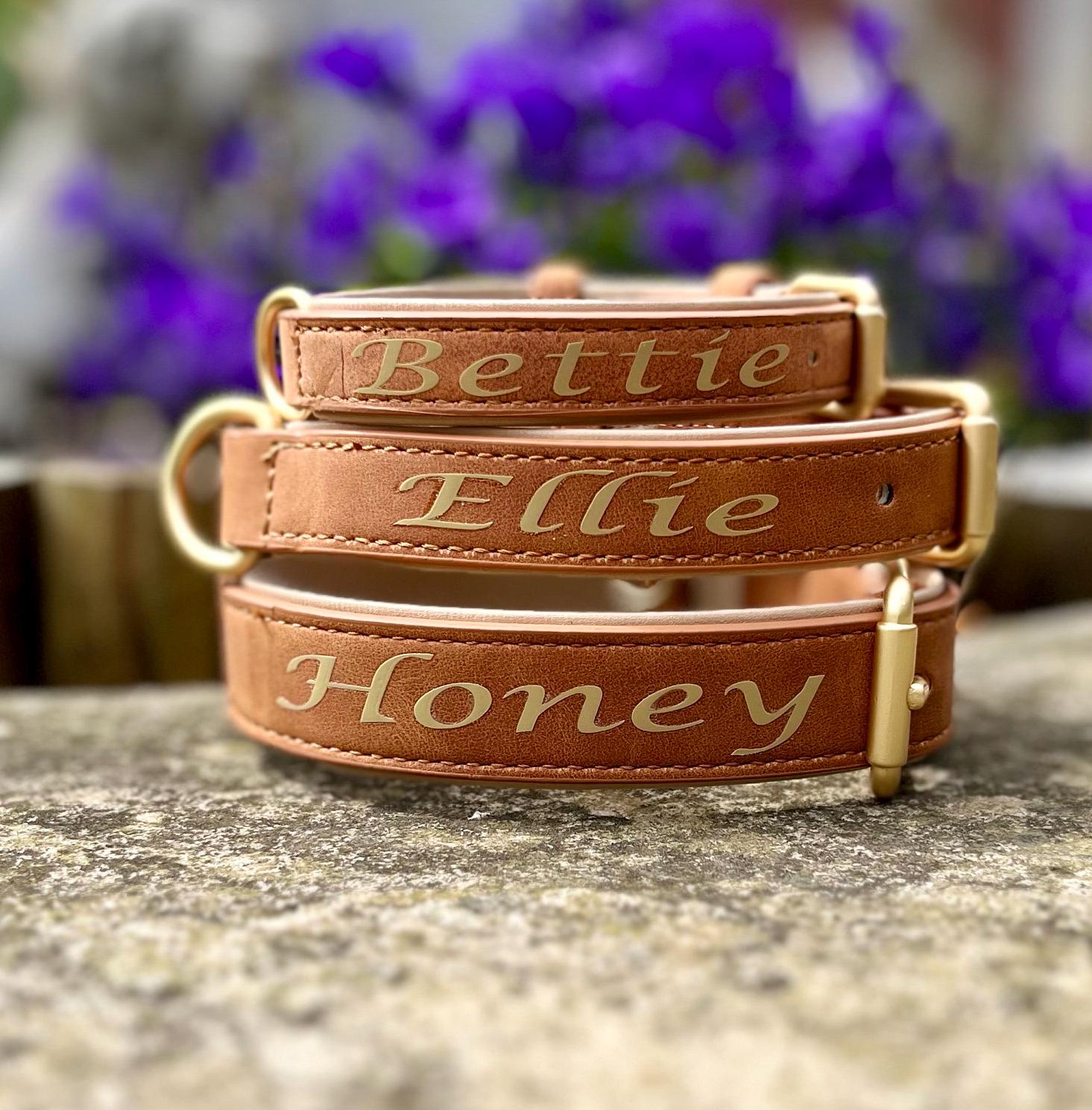 Personalised Leather Dog Collar | Engraved Name Pet Collar | Custom Puppy Gift | Luxury Tan Collar with Gold Hardware | Made in UK