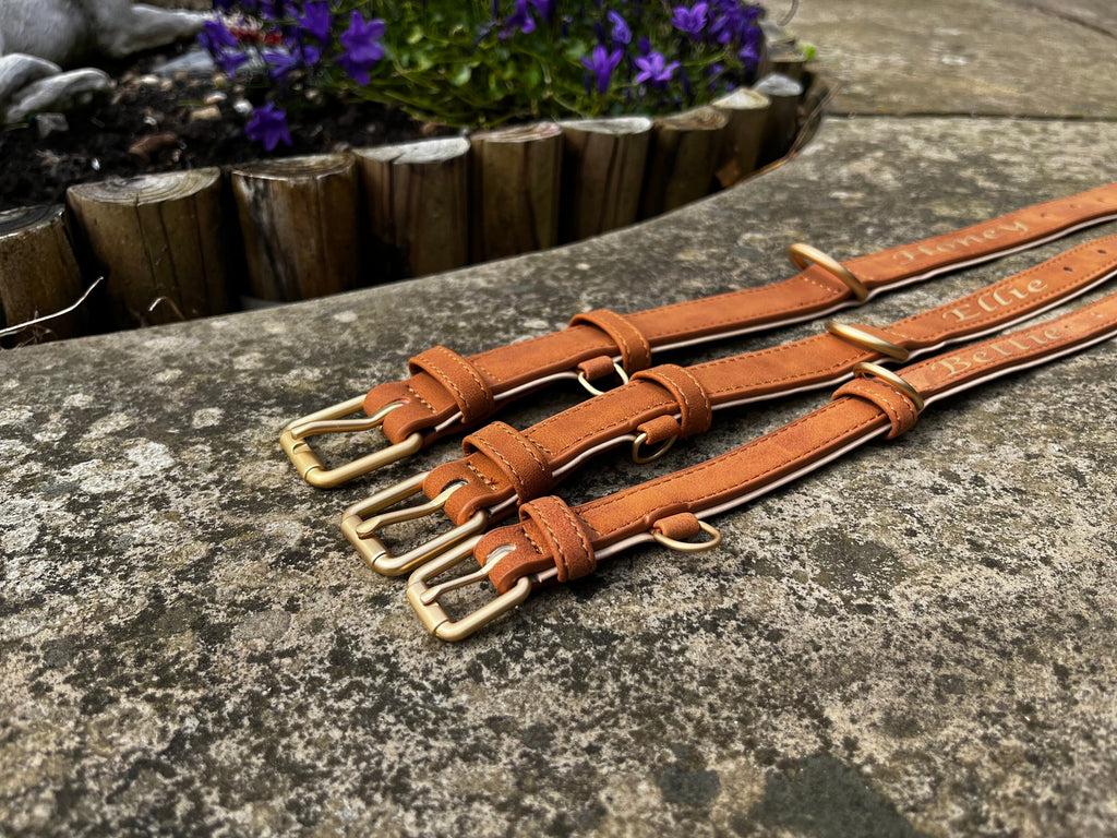 Personalised Leather Dog Collar | Engraved Name Pet Collar | Custom Puppy Gift | Luxury Tan Collar with Gold Hardware | Made in UK
