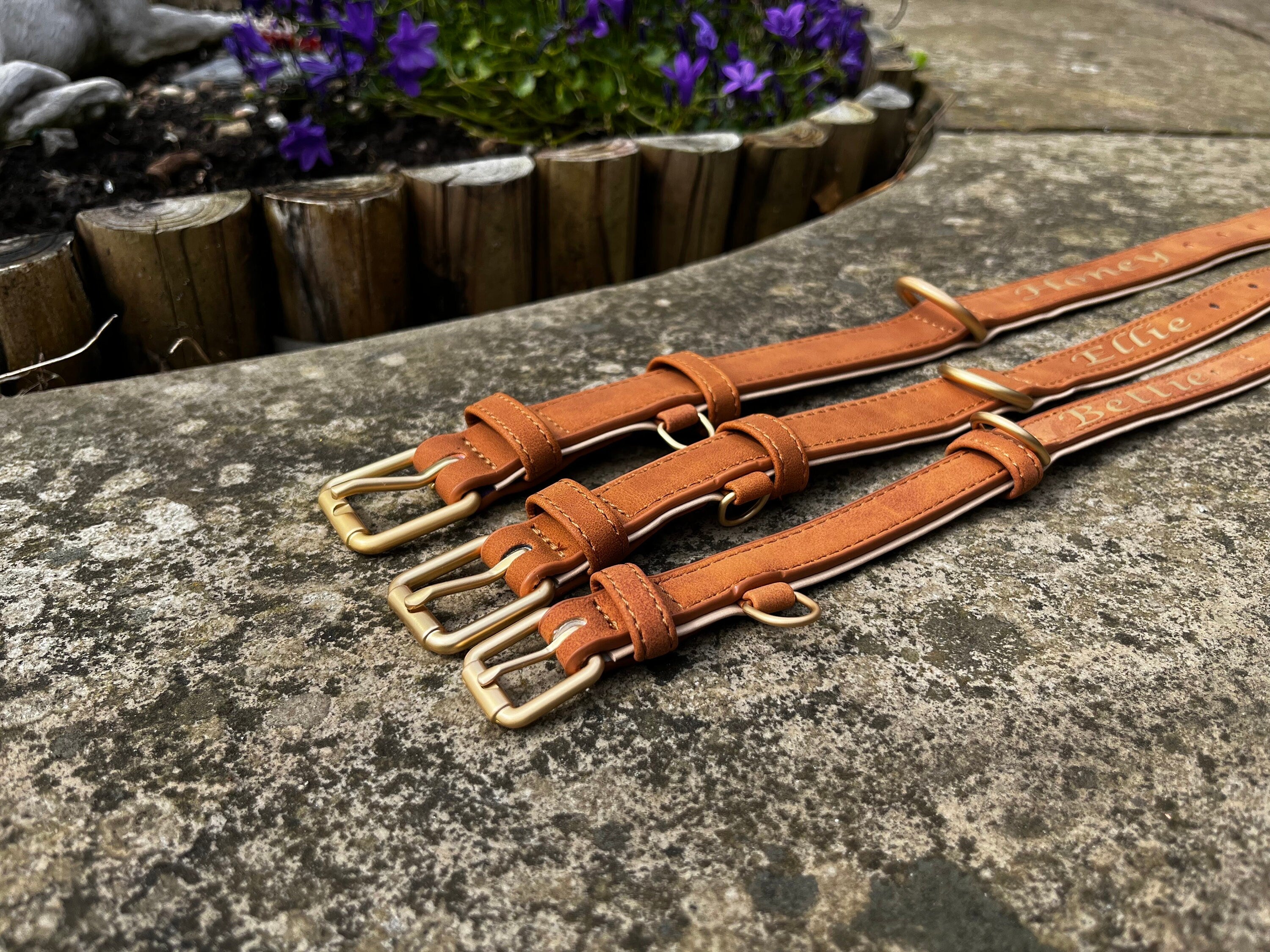 Personalised Leather Dog Collar | Engraved Name Pet Collar | Custom Puppy Gift | Luxury Tan Collar with Gold Hardware | Made in UK