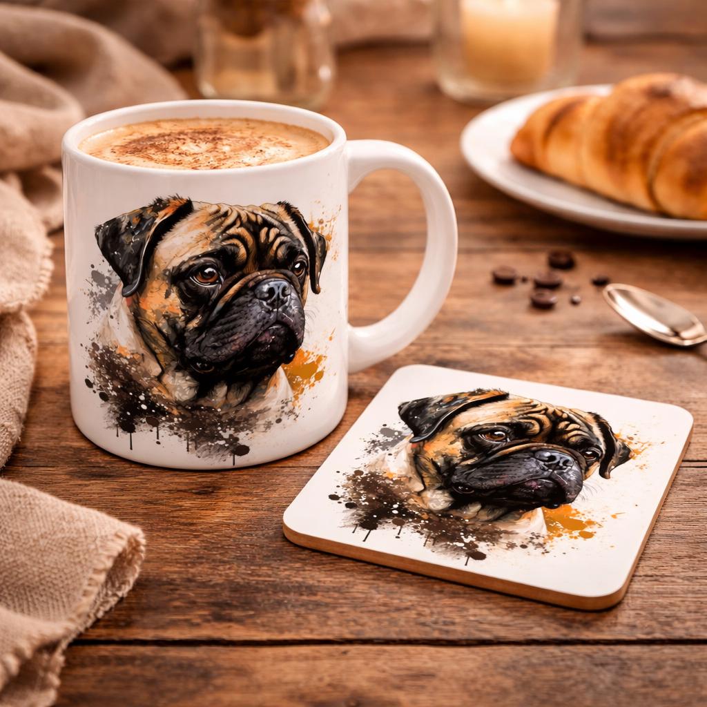 Personalised Pug Mug & Coaster Set | Dog Lover Gift | Cute Pug Coffee Cup | Custom Pet Mug | Pug Owner Gift | Made in UK