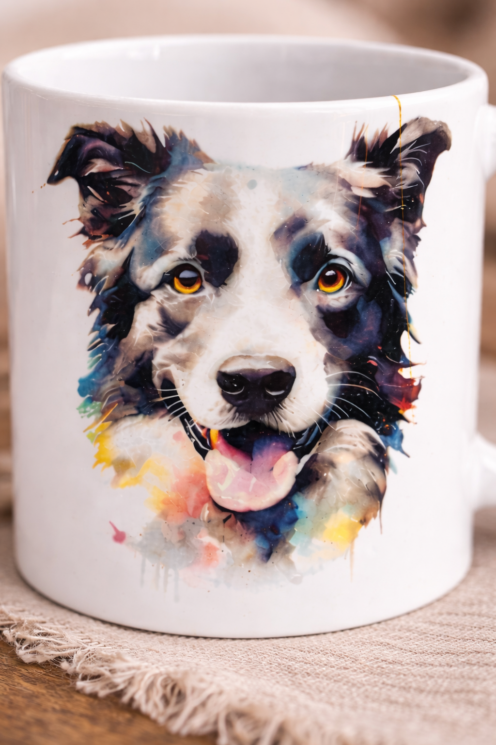 Dog lover mug with border collie design close up