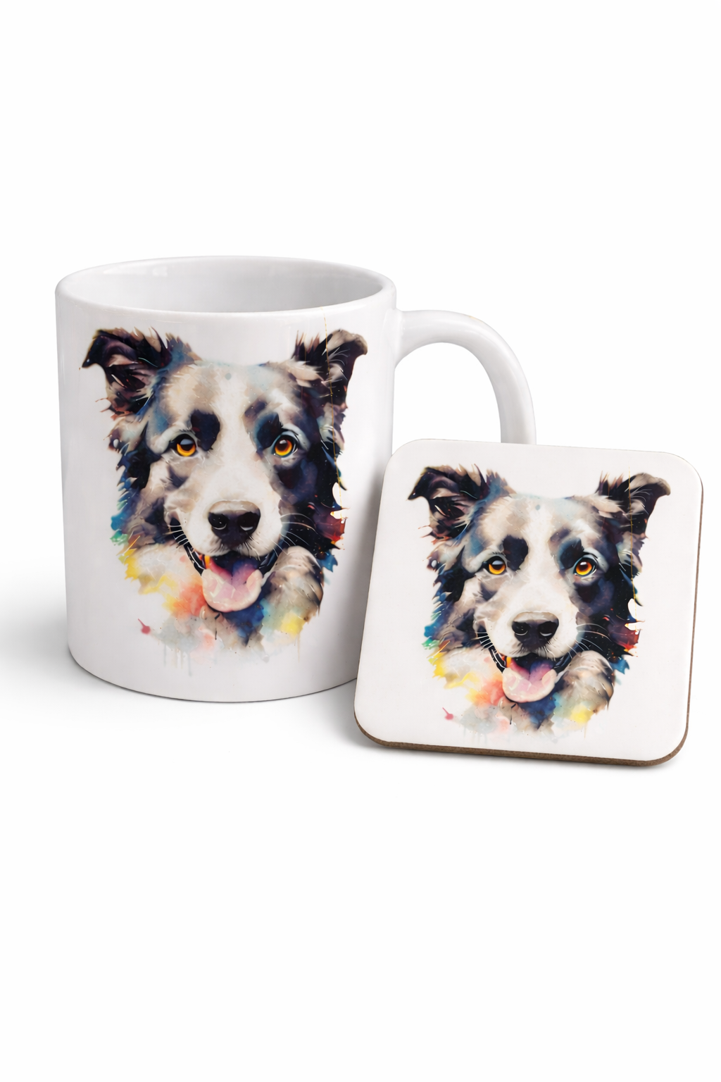 Border Collie mug and coaster set white background