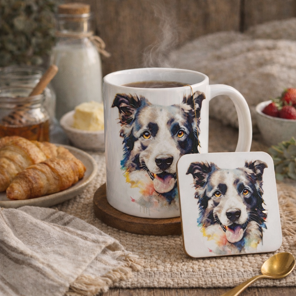 Matching mug and coaster set dog design