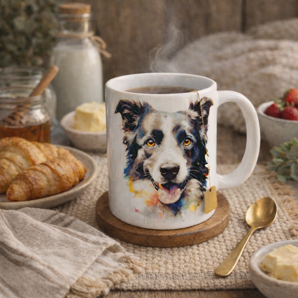 Cozy dog mug lifestyle breakfast scene