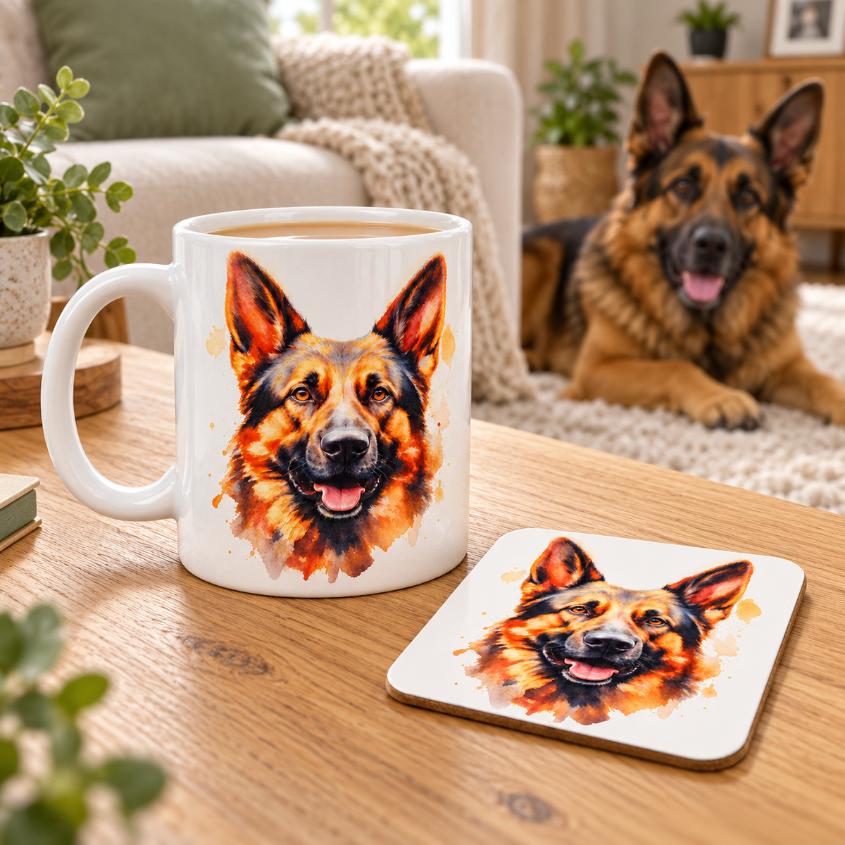 German Shepherd Watercolour Mug & Coaster – Individual or Gift Set