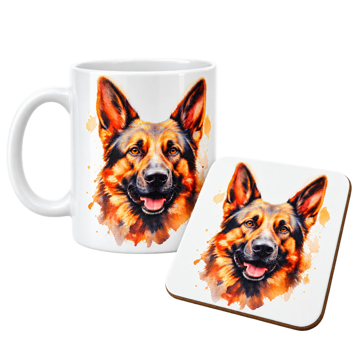 German Shepherd Watercolour Mug & Coaster – Individual or Gift Set