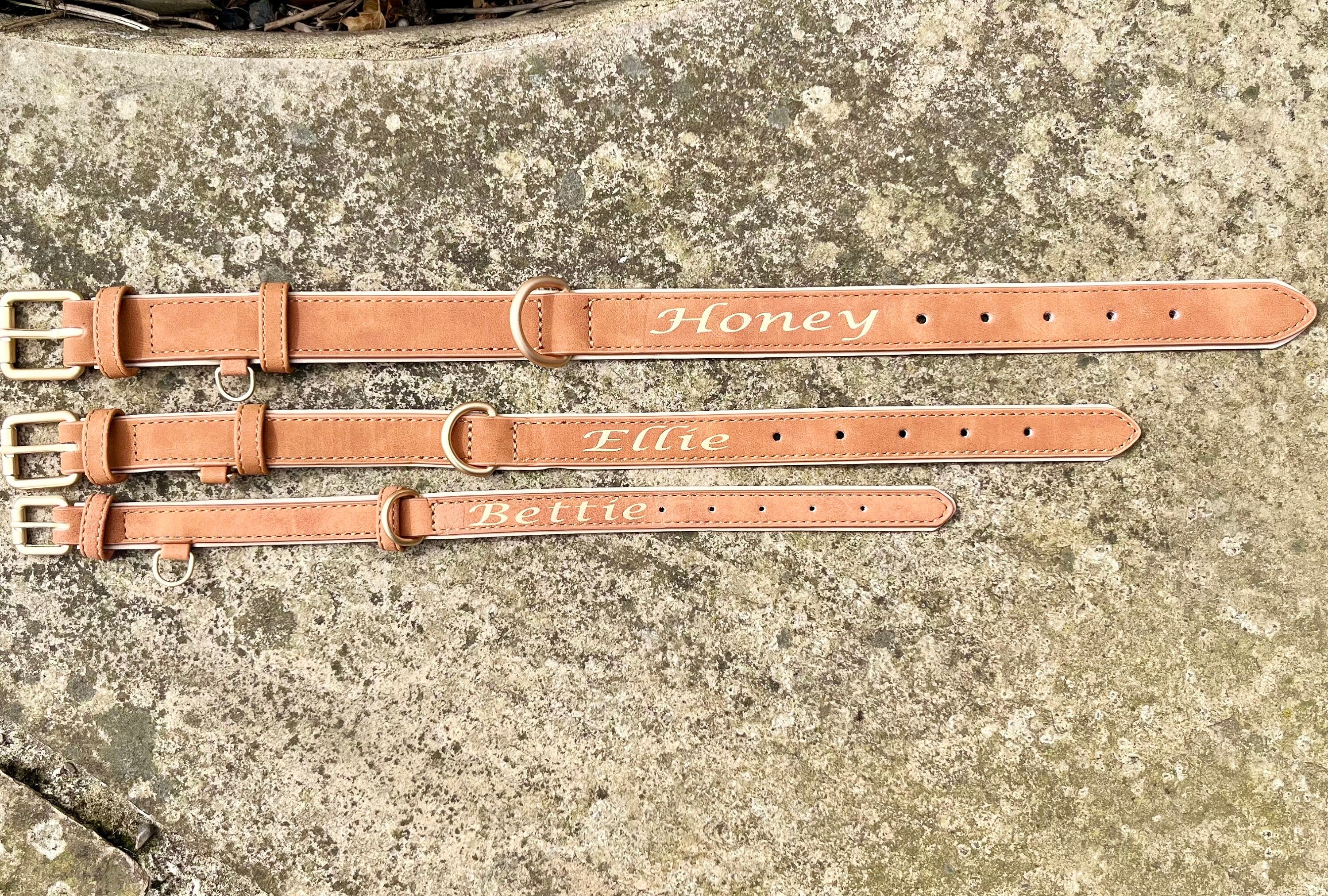 Personalised Leather Dog Collar | Engraved Name Pet Collar | Custom Puppy Gift | Luxury Tan Collar with Gold Hardware | Made in UK