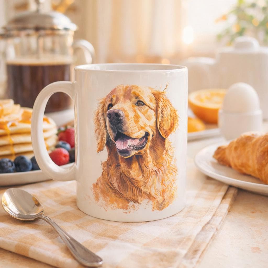 Golden Retriever Mug and Coaster  | Dog Lover Gift | 11oz Ceramic Mug | Retriever Dog Art Mug | Gift for Dog Mum | Pet Portrait Style Mug UK