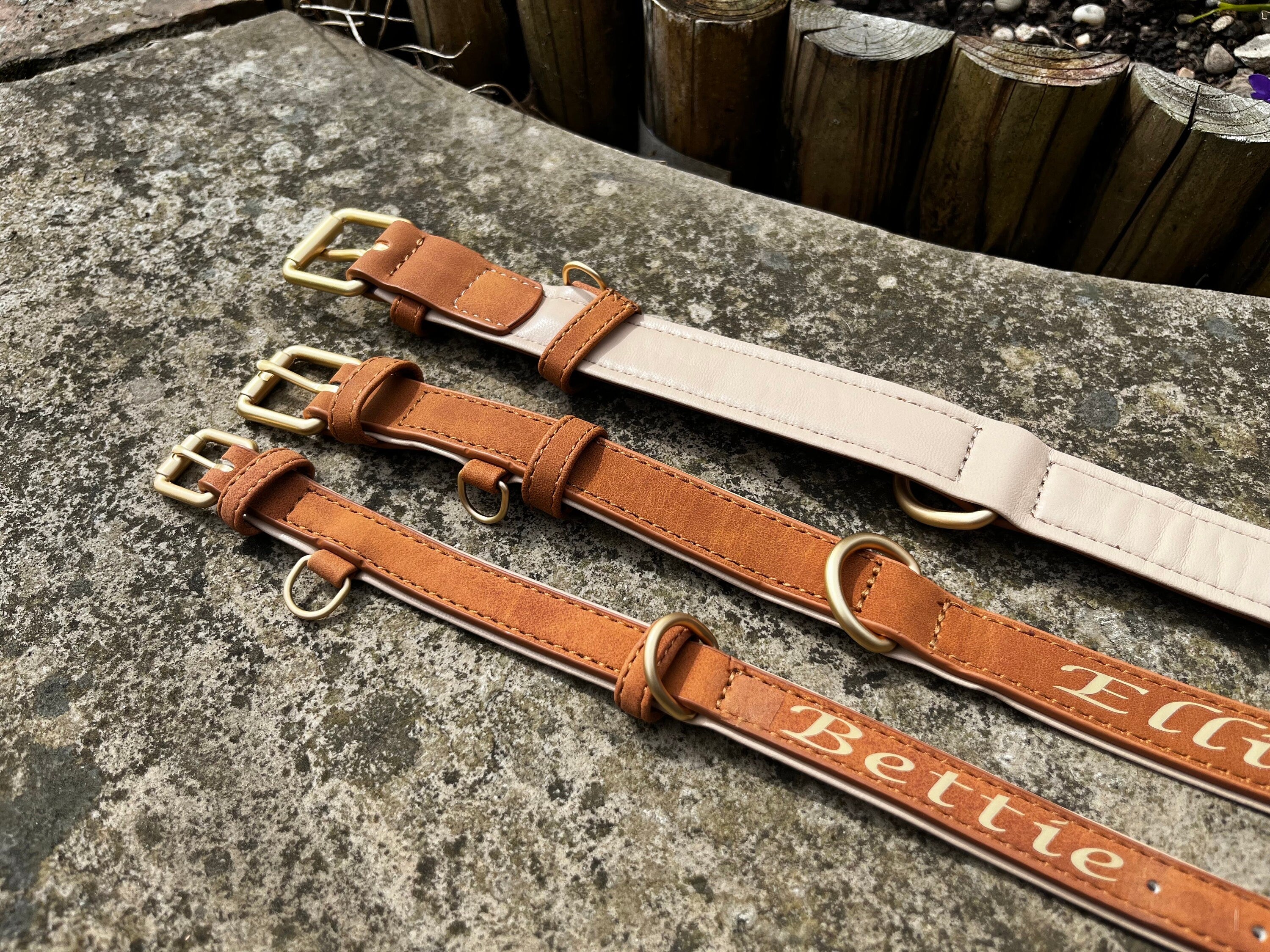 Personalised Leather Dog Collar | Engraved Name Pet Collar | Custom Puppy Gift | Luxury Tan Collar with Gold Hardware | Made in UK